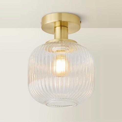ValueLights | Gold Flush Ceiling Light Fitting with Ribbed Clear Glass Shade | Pendant Lights, Home Décor & Improvement Essential | Mains Wired