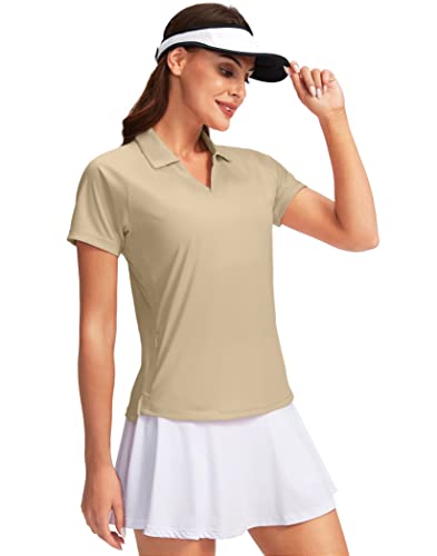Obla Women's Golf Shirt Dry Fit V-Neck Short Sleeve Tennis Tops Upf50+ Collared Golf Polo Shirts For Women (Khaki_M) #TOP1