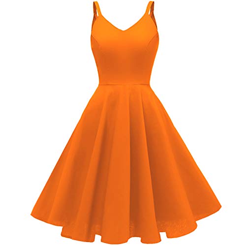GOOBGS Women's 1950s Retro Vintage Spaghetti Strap Cocktail Swing Dresses with Pockets Orange XL