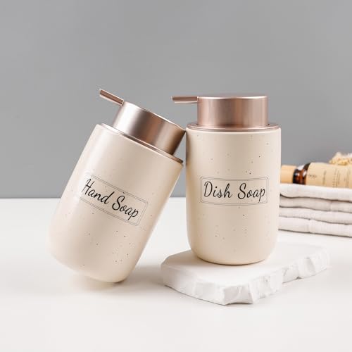 Image of BosilunLife Apricot Soap Dispenser Set - 2 Pack 12oz Ceramic Dish Soap Dispenser with Rust Proof Pump for Kitchen, Hand Soap and Lotion Set Suitable for Farmhouse Bathroom Decor with Waterproof Labels