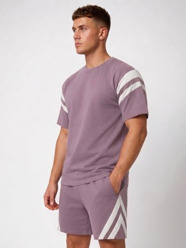 Image of CHKOKKO Men's Co-Ord Set Premium Cotton Blend Oversized T-Shirt & Shorts Cord Set with Side Pockets Round Neck Half Sleeves Solid with Contrasting Stripes Summer or Casual Wear