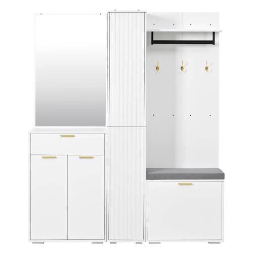 Garderobenset mit Spiegel, Kleiderstange & Sitzbank, Kompaktgarderobe mit 3 Türen, Kippfach-Schuhregal & Schublade, Weiß, 150x36x180 cm für Diele, Flur, Eingangsbereich
