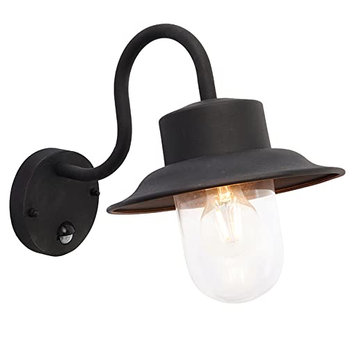 PIR Outdoor Wall Light – Fisherman IP44 Rated Motion Sensor Security Light – Goose Neck Wall Lantern - External Garden Porch Down Light - 40W E27 GLS (Bulb not Included) – Matt Black