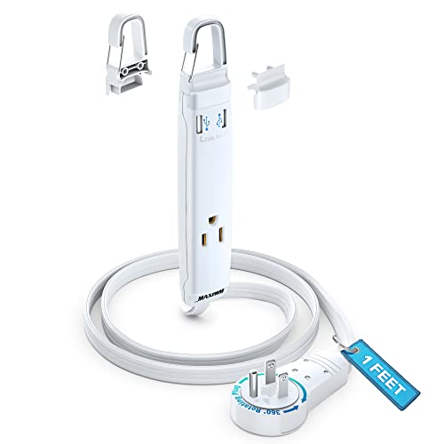 Câble d'extension plat 360 USB blanc 1 pied calibre 16 pour prise murale difficile d'accès