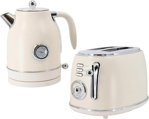 1.8 Quart Electric Tea Kettle and 2 Slice Toaster Combo, Matte Cream, Retro Kitchen Appliance Set...