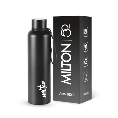Milton Aura 1000 Thermosteel Water Bottle 1050 ml, 24 Hr Hot and Cold I Leak Proof Lid, ISI Certified I Vacuum Insulated I for Office, Gym, School I Black