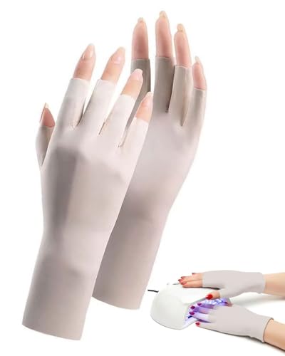 CULEB 1 Paire Gant Anti UV Manucure,UPF50+ Professionnel Gant Femme Protection UV,Mitaines Femme,Gants Sans Doigts Respirants Confortables,pour Manucure Lampe UV Ongles Gel,Cyclisme,Fitness(beige)