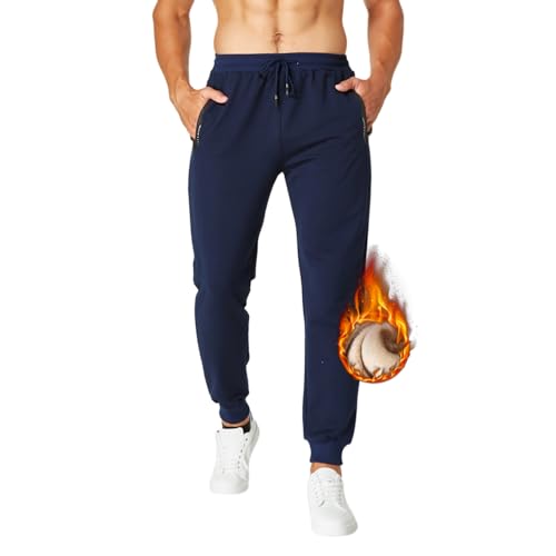 ZOXOZ Mens Fleece Sherpa Lined Joggers Winter Warm Thermal Trousers Tracksuit Bottoms Men Cotton Elasticated Slim Fit Sweatpants Jogging Bottoms Plush Trousers with Zipped Pockets Blue 2XL