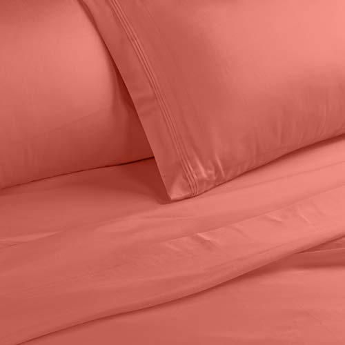 Superior 700 Thread Count Egyptian Cotton Material Sheets, Modern Solid Deep Pocket 4 Piece Bed Sheet Set, Includes: One Flat, One Fitted, And Two Pillowcases, King, Coral #TOP2