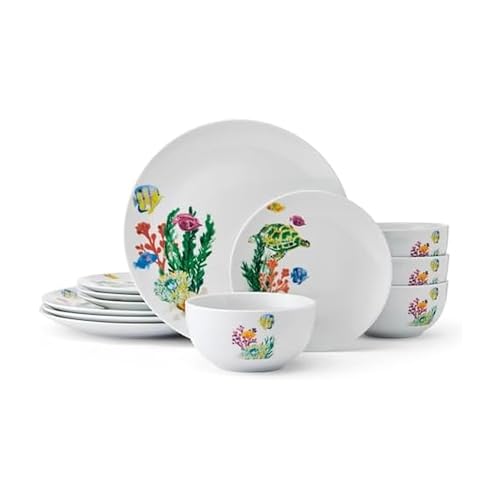 Studio Nova Coastal Ocean Underwater Life 12 Piece Dinnerware Plate Bowl Set, Service for 4