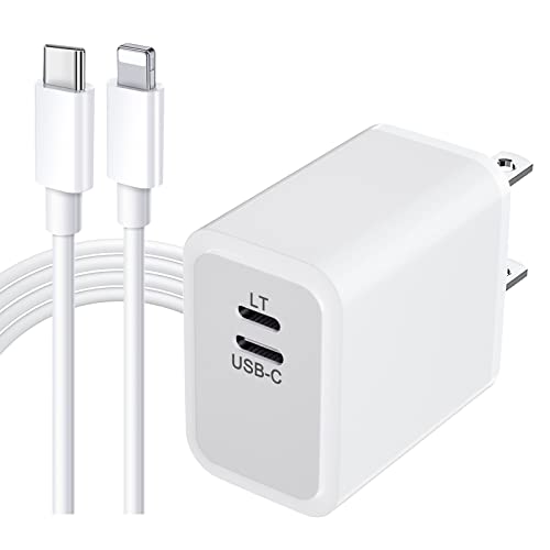 iPhone iPad Fast Charger,20W Two-Way 2in1 PD Fast Power Wall Charger Adapter with Lightning and USB C Port,Charger Cable Support Two Way Output Lightning/USB C,White