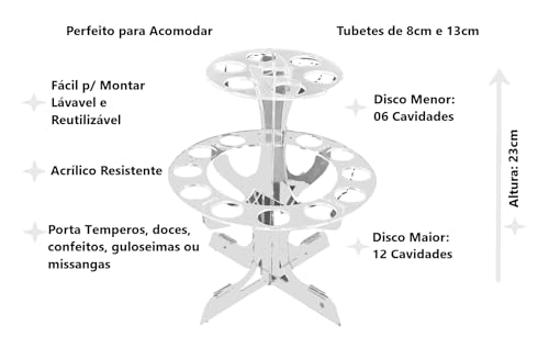 Suporte Duplo com 18 Tubetes Acrílicos 13cm com Tampas Plásticas para Temperos ou Mimos Lembrancinha