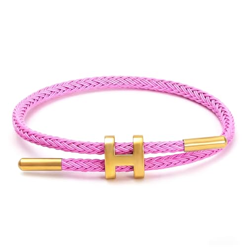 Yukymui Adjustable H Buckle Bracelets for Women Men Fashion Stainless Steel Wire Rope Charm Bracelet Lucky Jewelry for Birthday Valentine Graduation Trendy Gifts for Couples Friends (Pink)