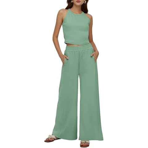 DEEP SELF Women's Two Piece Sets Sleeveless Cropped Tops and Pants 2024 Summer 2 Piece Vacation Outfits with Pockets (Medium, Grey-green) Cover
