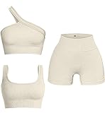 OQQ Women's 3 Piece Outfits Ribbed Seamless Exercise Scoop Neck Sports Bra One Shoulder Tops High Waist Shorts Active Set Beige