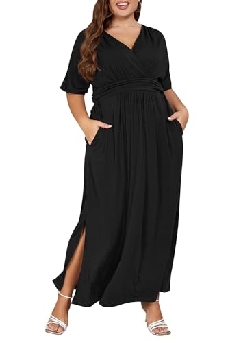 Keluummi Maxikleider für Hochzeitsgäste in Übergröße für kurvige Frauen, Sommer-Boho-Blumenmuster, langes Wickelkleid, 3/4-Ärmel,...