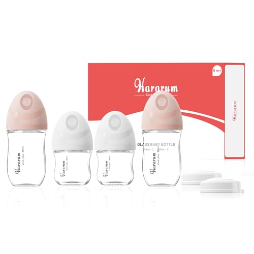 Hararum Biberón de Cristal para recién nacidos, 0+ Meses, Biberones de 80 ml y 160 ml, con Tetinas de Flujo Extra Lento y Flujo Lento, Anticólicos, Pack de 4 - Blanco & Rosa
