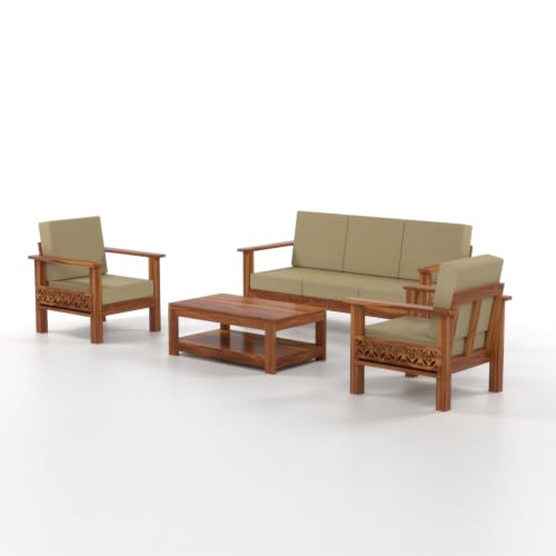 Image of Solid Sheesham Wood 5 Seater Sofa | Handmade Wooden Sofa with Upholstered Cushioned Seat & Backrest | Modern Carved Couch for Living Room, Bedroom, Office & Reception