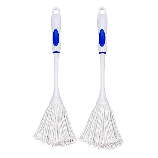 ALAZCO 2 Dish Mop BBQ Basting Grilling Apply Barbeque Sauce Marinade Glazing – Cleaning Soft Brush Wash Bottles Decanter Wine Glass Coffee Pot Full Cotton Fiber Head Non-Slip Handle 15’’ Long