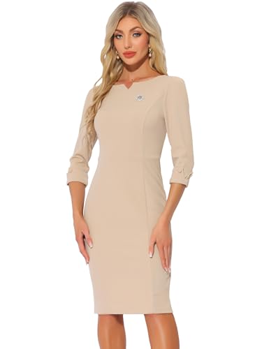 Allegra K Work Dress for Women 3/4 Sleeve Boat Neck