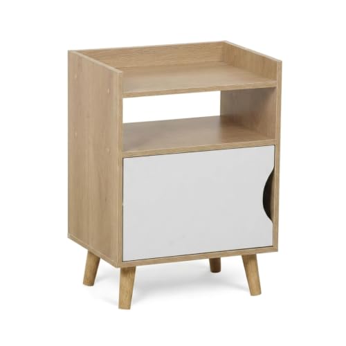 Mesita de Noche Nórdica | 40x30x55 cm | Mesa Auxiliar de Madera con Puerta Blanca y Estante Abierto para Dormitorio Salón Habitación | Ideal para Colocar Libros, Plantas y Objetos Decorativos