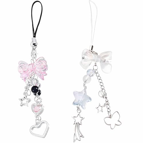 YIPFEN Lot de 2 Bijoux de Téléphone Y2K Esthétique Phone Charm Accessoire Portable avec Pendentif Papillon Cœur Étoile pour Filles