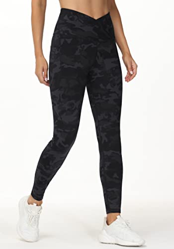 THE GYM PEOPLE Women's V Cross High Waist Yoga Leggings with Pockets, Tummy Control Yoga Pants for Ladies Gym Sports Running, BlackGrey Camo, L - Image 2