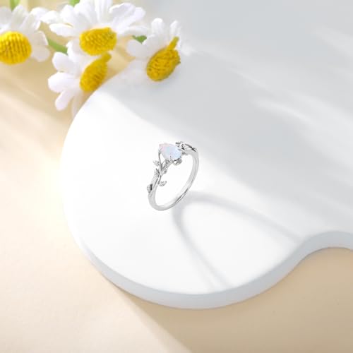 Pear Cut White Opal Vine Leaf Rings for Women S925 Sterling Silver 6X8 MM Created Opal Art Deco Inspired Leaf Ring Promise Statement Anniversary Ring for Her Size 5-92