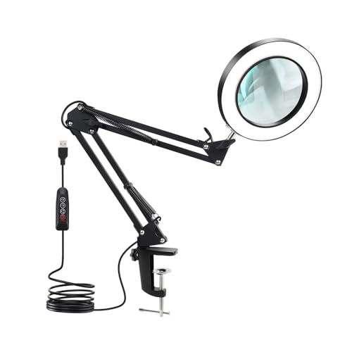 Lampe Loupe Bureau LED 10X, Lampe Loupe Reglable avec 3 Modes de Couleur et Luminosite Variable, Loupe avec Pince en Aluminium, Bras Articule Rotatif pour...