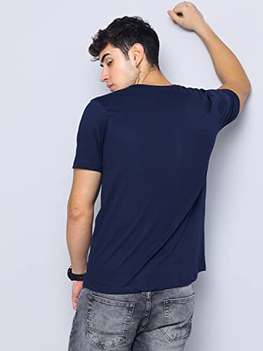 Image of PAUL STREET Men's Navy Pure Cotton Round Neck Solid Slim Fit T-Shirt