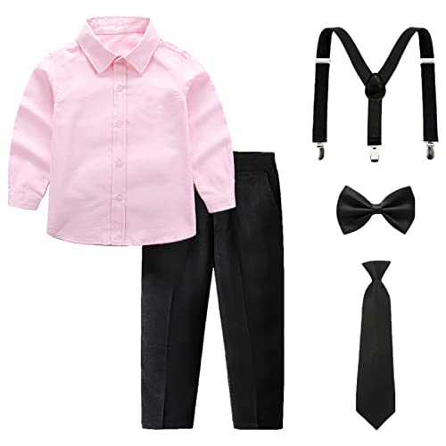 amropi Garçon Ensemble Vêtements Manches Longues Noeud Papillon Chemises Bretelles Pantalons Rose Noir, 3-4 Ans