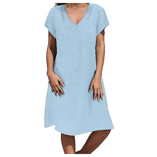 AMDOLE Limited Time Deals Today Prime Robe Lin Robe Femme Chic Et Elegant Col en V À Manches Courtes Couleur Unie Mini Longue Robe Casual Confort Bohème Vacances Robe de Plage Pas Cher