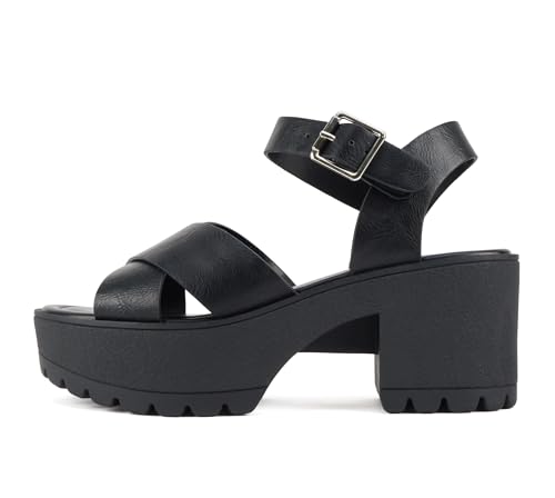 Soda “Joey” ~ Women Open Toe Criss Cross Strap Mid Heel Sandal with Adjustable Ankle Strap