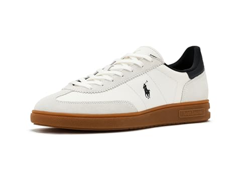 POLO RALPH LAUREN, Mens, Bedford Leather-Suede Sneakers, White/Black, 14, Medium
