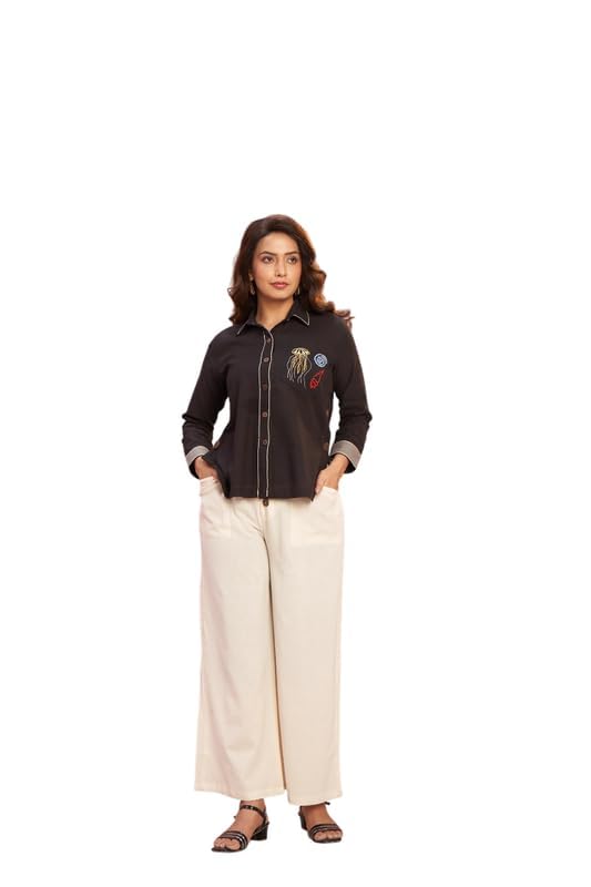 Bolkii Deep Ocean Secret Khadi Shirt & Pant Co-ord Set for Women & Girls – Navy Graphic Shirt with Jellyfish Print & Soft Ecru Pants, Stylish Trendy Minimalist Aquatic Chic Outfit, Everyday Comfort-image-41