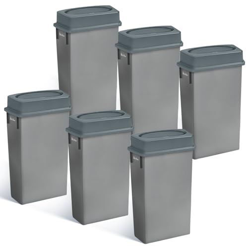 Image of PLASTIC PRINCE 23 Gallon Slim Trash Can with Swing Lid Commercial Gray Rectangular Garbage Can with Drop Shot Lid Waste Bin with Double Flip Top for Restaurant Home Kitchen Office 6 Pack