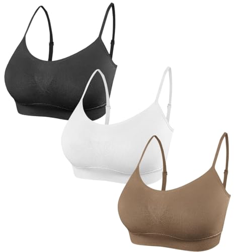 SHEKINI 3 Pcs Women's Sport Bra Seamless Padded Bralettes Yoga Bras Adjustable Leisure Stretch Crop Tops Cami Bras for Women Girl, Black+White+Brown