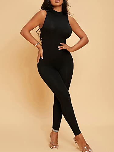 Makemechic Women'S Sleeveless Mock Neck One Piece Jumpsuit Romper Bodysuit Pants Unitard Jumpsuits Black A M thumb #2