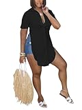 qfmqkpi Button Down Shirt for Ladies Summer Short Sleeve High Low Hem Side Slit Tunic Tops Black XL