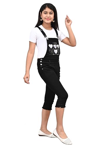 Image of FNOCKS Girls Dungaree Casual Wear Slim FIT Trendy Denim Capri Dungaree (Black)