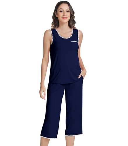 Image of NACHILA Women's Pajamas Set-Viscose Made From Bamboo, Sleeveless Pj Tank Top Capri Pants Soft Sleepwear Cooling Sleep Sets