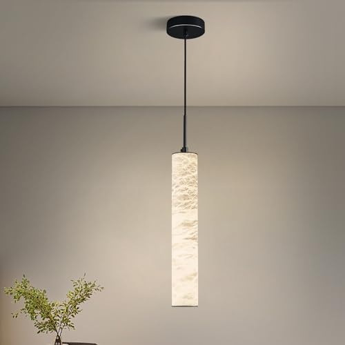 LMQNINE Natural Alabaster Pendant Lights for Kitchen Island White Marble Long Tube Chandelier 4000K Modern Black Ceiling Light Fixtures for Bedroom Dining Room Table Living Room Hallway(M-1Pack)