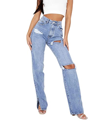 MBLESSEDTO Women's high Waist and Slim Straight Denim Trousers with Holes and Flared Trousers