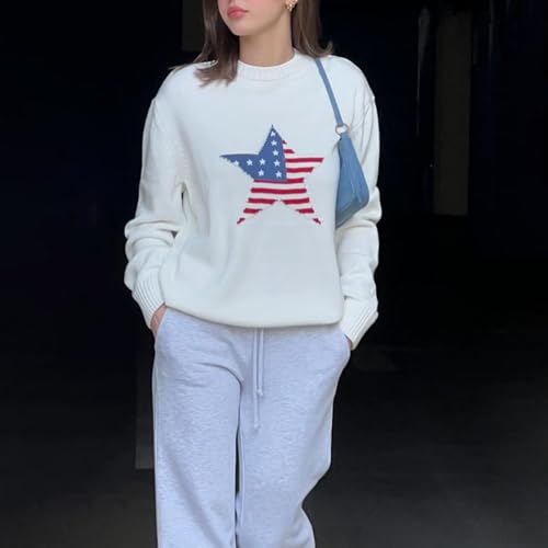 Image of Womens American Flag Sweater Long Sleeve Crew Neck Star Graphic Knit Pullover Tops Casual Loose USA Sweater
