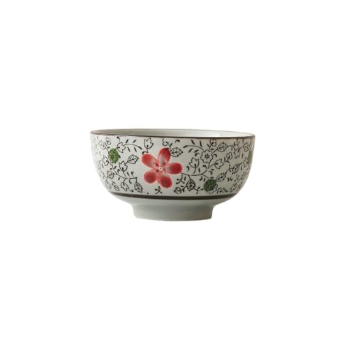 Cuenco de arroz japonés creativo de porcelana azul y blanca pintado a mano, retro, 12,7 cm, flor roja grande