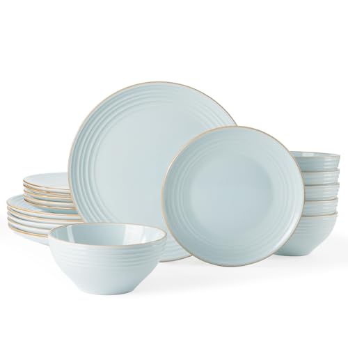 Richmount Jupiter Geschirrset 6 Personen, komplett mit Teller Set & Müslischalen, Steingut Geschirr Set mit Speckles & Rillen-Design, Spülmaschinenfest & Mikrowellengeeignet, Kratzfest, Hellblau