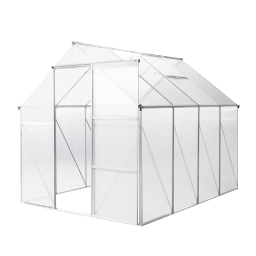 Hybrid Greenhouse with Lockable Hinged Door, Sliding Door and 2 Vent Window, Walk-in Hobby Greenhouse Aluminum Hot House for Outdoor Garden Backyard (Silver)