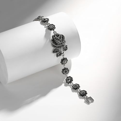 Women Rhodium Plated Vintage Black Marcasite Rose Flower Link Chain Bracelets 7.5 Inches2