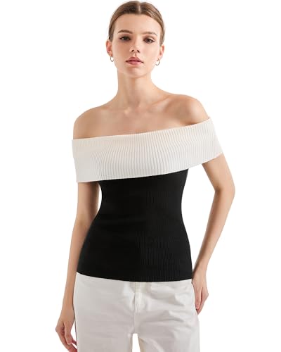 SUUKSESS Women Off Shoulder Going Out Sweaters Tops Short Sleeve Ribbed Knit Summer Sexy Shirts(Black 1 XS)