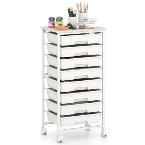 GOFLAME 8-Drawer Rolling Storage Cart with Wooden Top, White